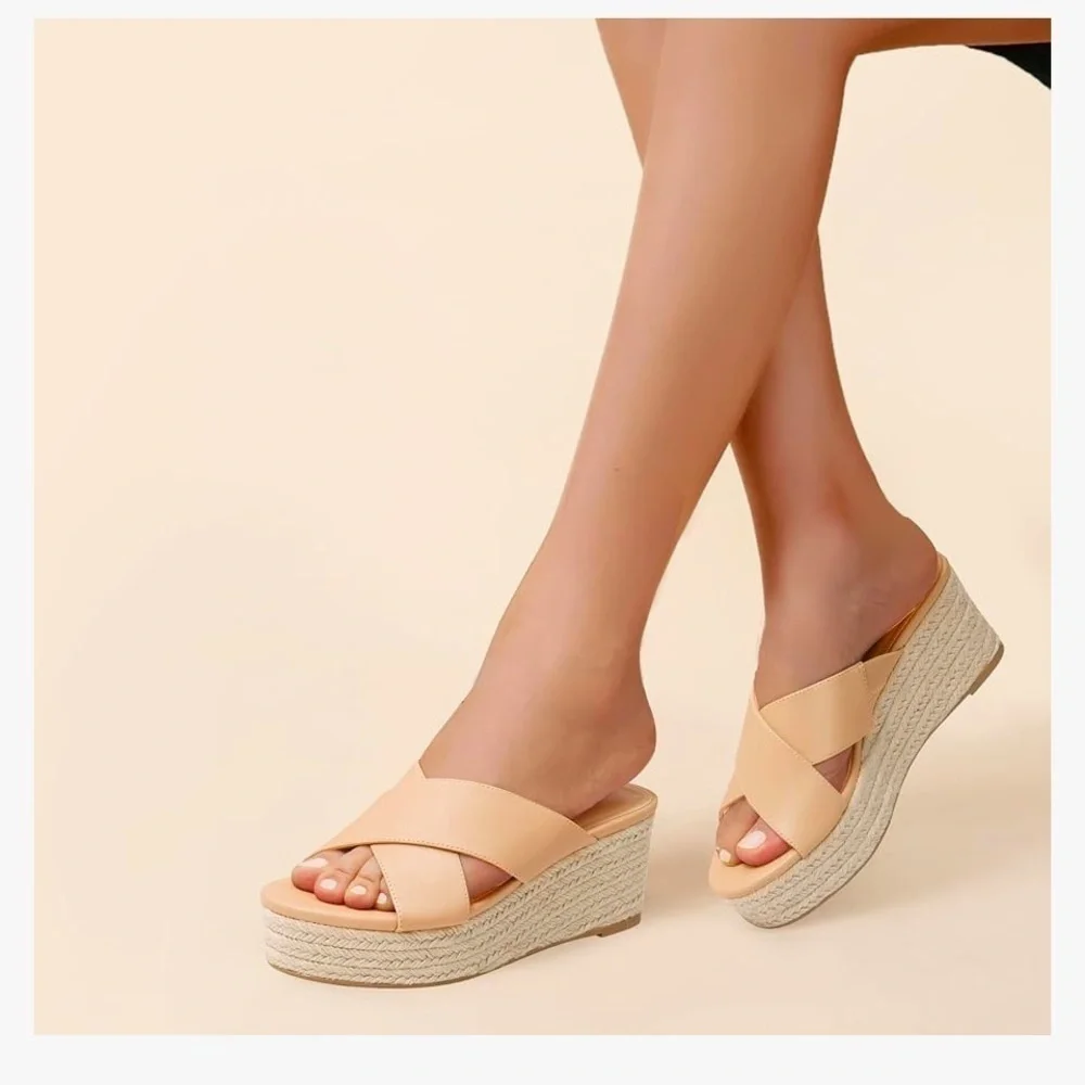 *New* Criss Cross Platform Wedge Sandals  Espadrille Summer Slide Shoes, Nude